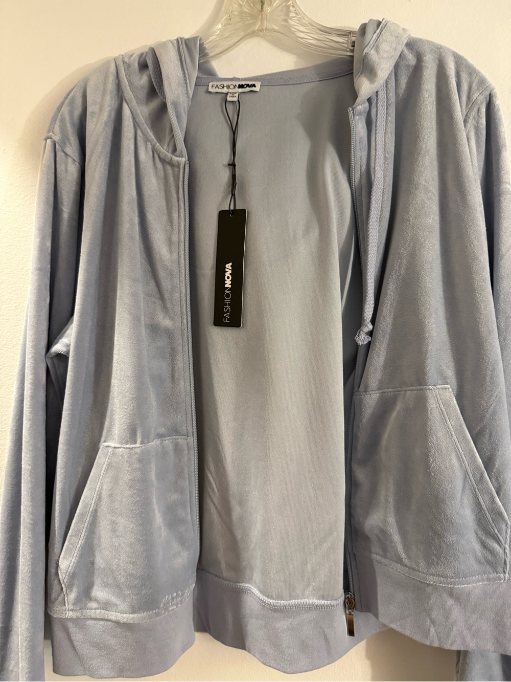 Fashion Nova Light Blue Velour sweatsuit with full zip hoodie and matching pants